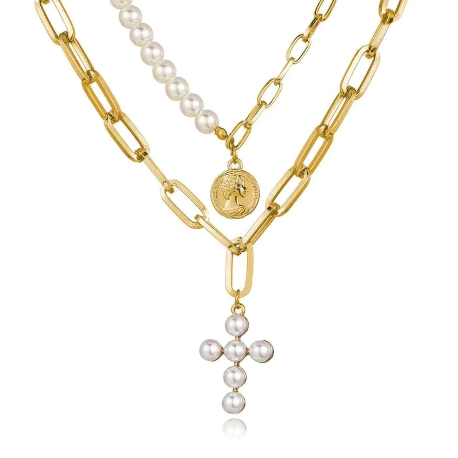 Chunky Chain Pearl Gold Necklace Cross Coin 10$